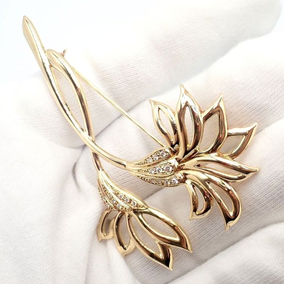 Rare! Vintage Mikimoto 18k Yellow Gold Diamond Large Double Flower Brooch - Picture 5 of 10
